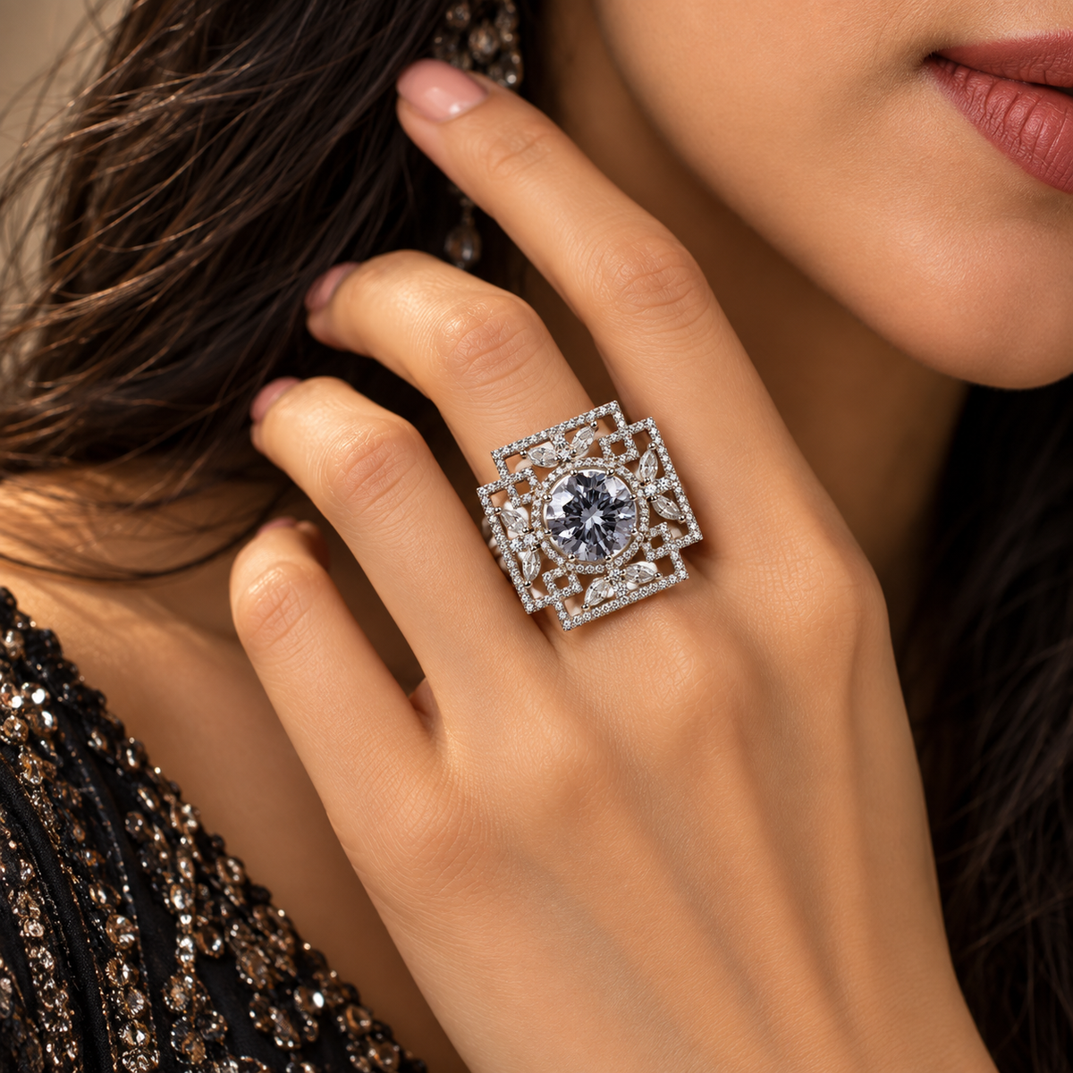 Silver-Toned Geometric Floral Statement Ring
