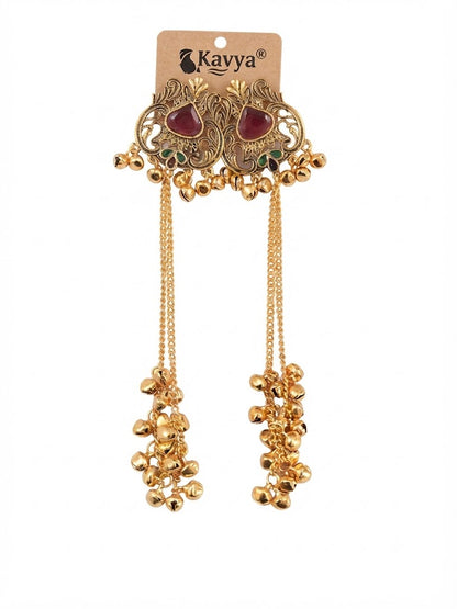 Premium Maroon Stone Golden Chain Bell Drop Earrings