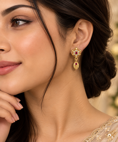 Elegant Gold-Toned Ruby Drop Stud Earrings
