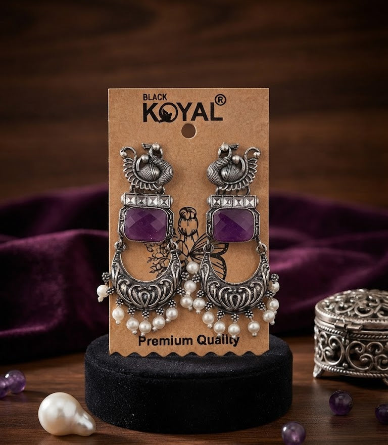 Premium Purple Stone Oxidised Silver Peacock Chandbali Earrings