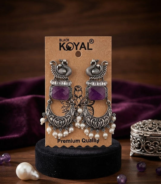 Premium Purple Stone Oxidised Silver Peacock Chandbali Earrings