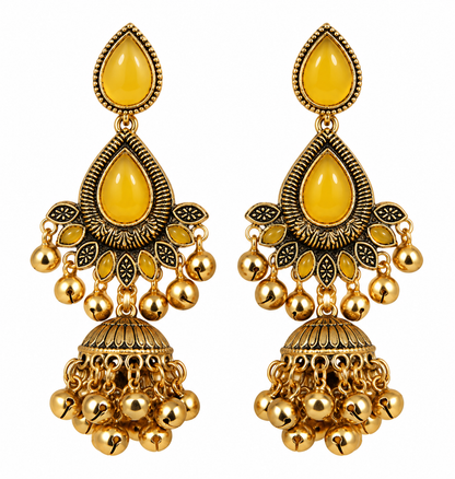 Premium Gold-Toned Yellow Stone Traditional Jhumka Earrings