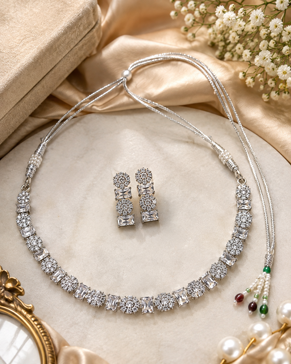Silver-Toned Crystal Statement Necklace Set