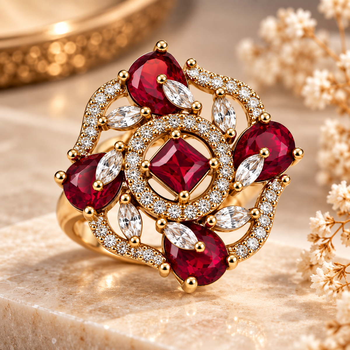 Ruby Red Floral Cluster Statement Ring
