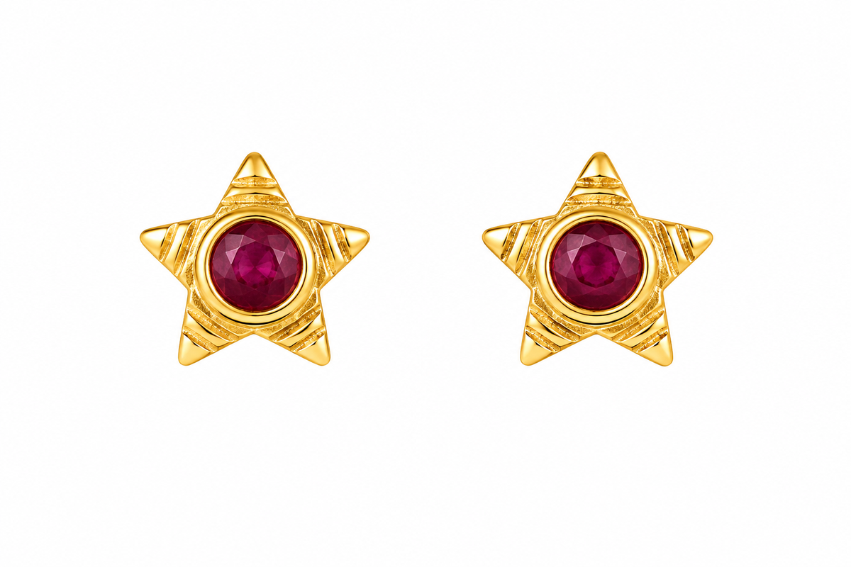 Premium Gold-Toned Star Stud Earrings with Ruby Accents