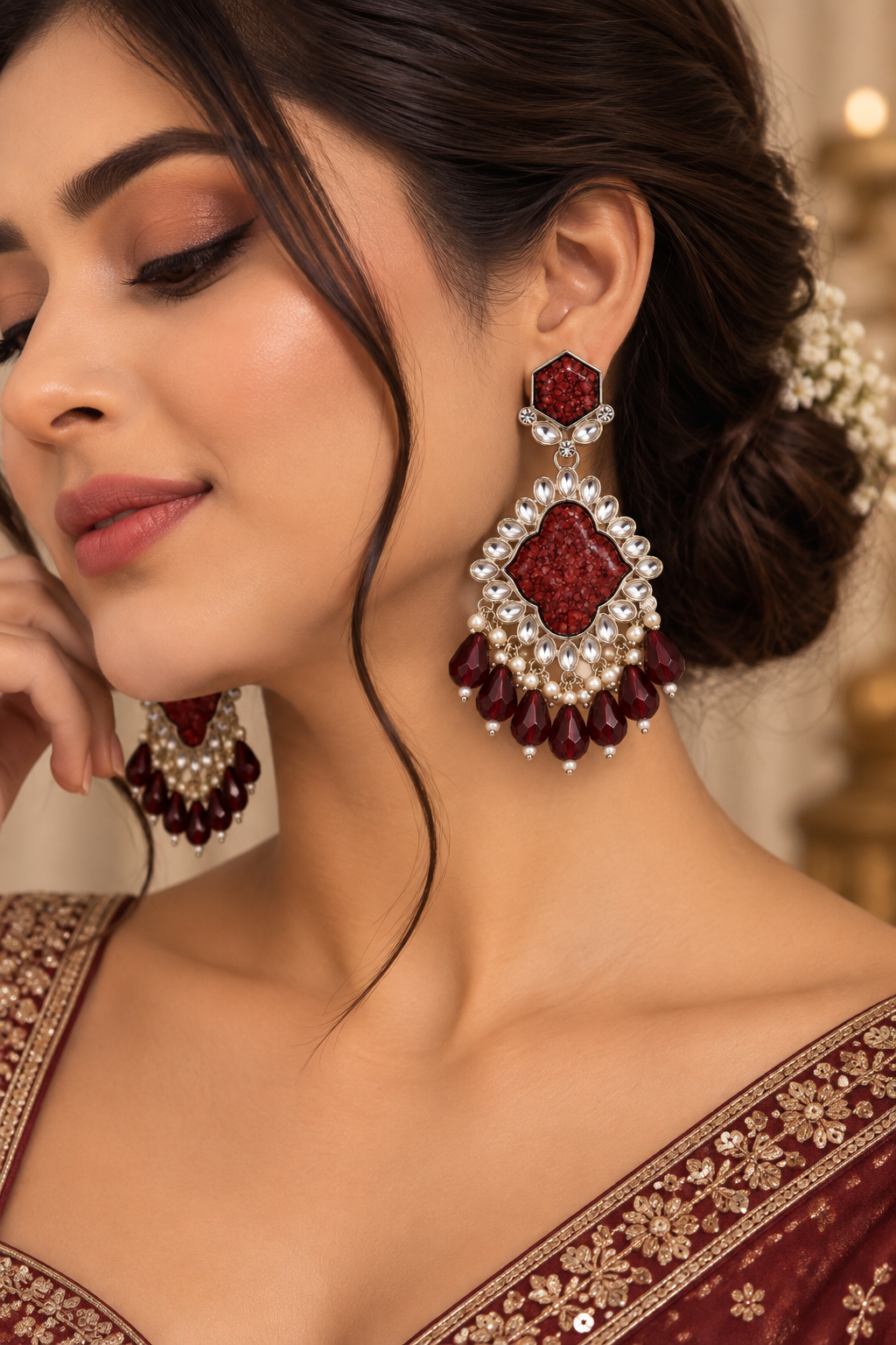 Premium Burgundy Stone Chandelier Earrings with Pearl and Teardrop Embellishments