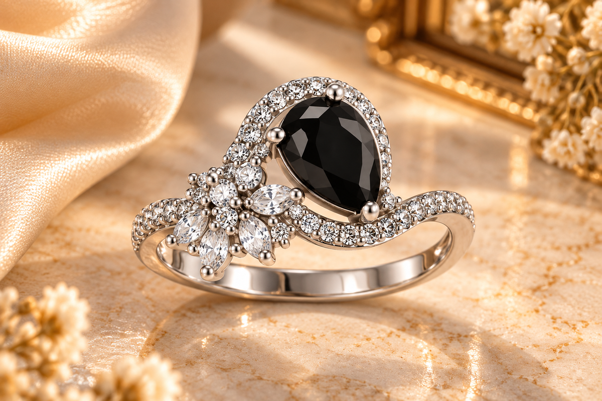 Silver-Toned Black Gemstone Statement Ring