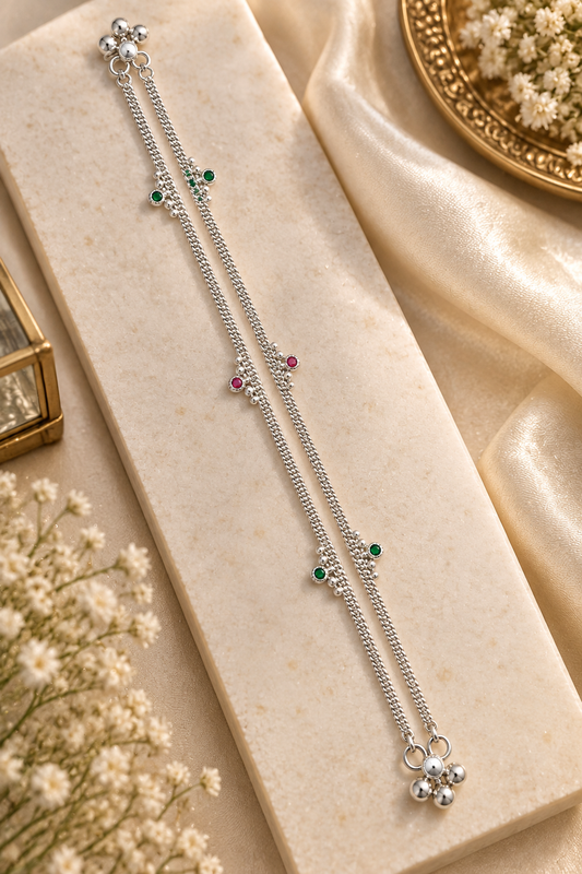 Silver-Toned Double-Chain Floral Payal