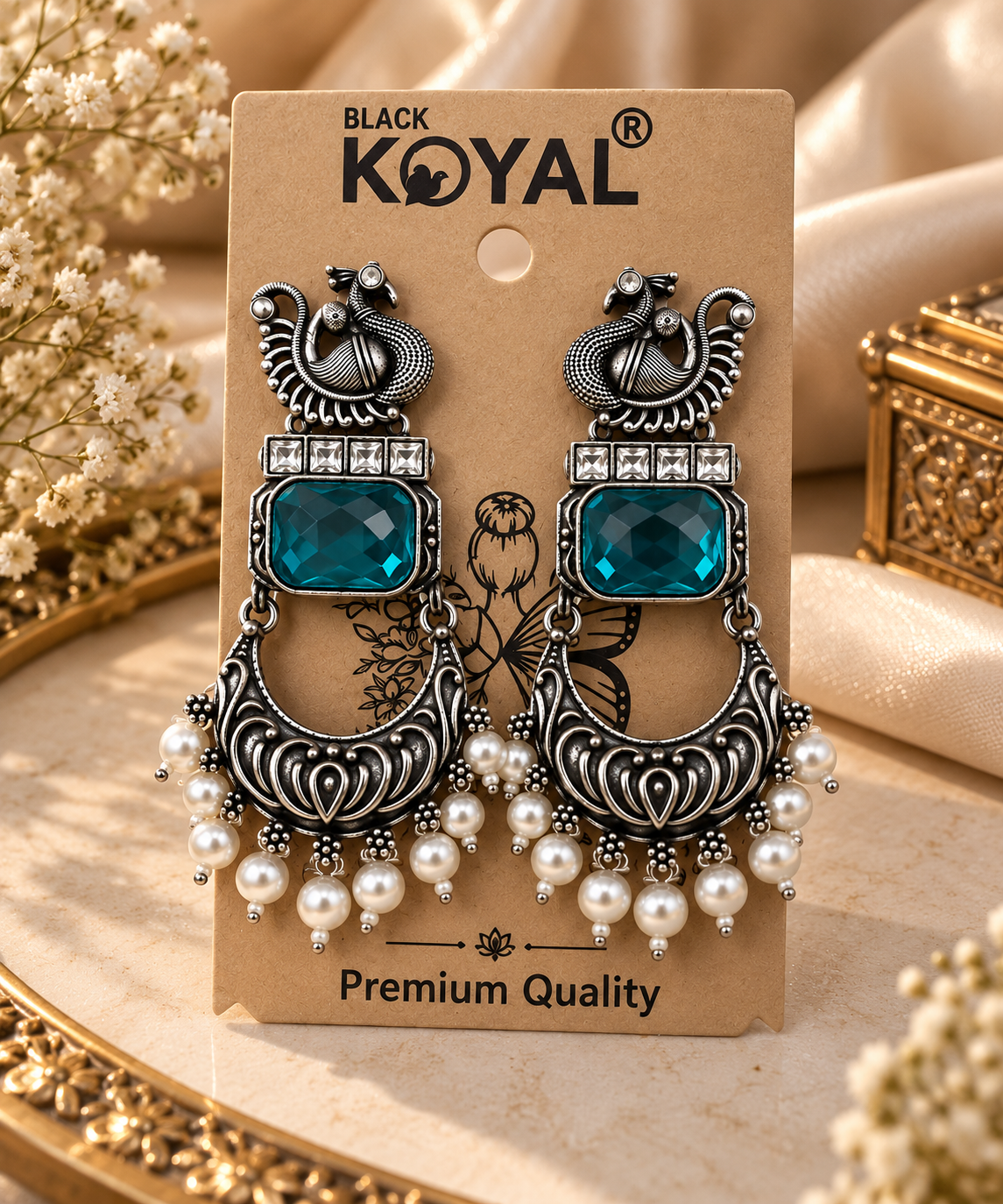 Premium Oxidized Silver Peacock Design Teal Stone Chandelier Earrings