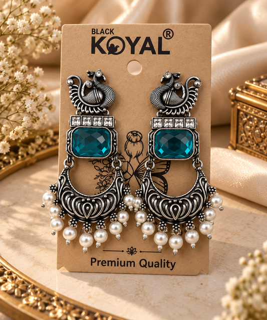 Premium Oxidized Silver Peacock Design Teal Stone Chandelier Earrings