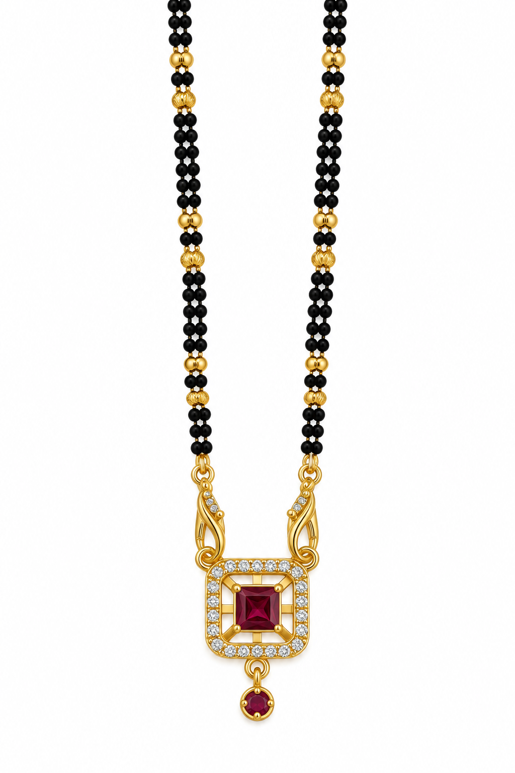 Elegant Black-Beaded Mangalsutra with Ruby-Toned Square Pendant