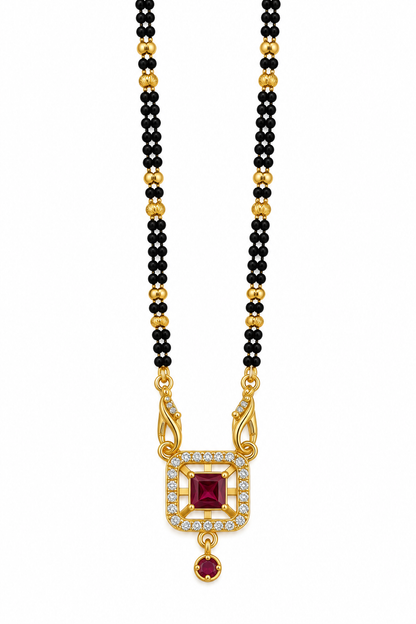 Elegant Black-Beaded Mangalsutra with Ruby-Toned Square Pendant
