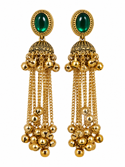 Premium Gold-Toned Emerald Green Stone Long Chain Jhumka Earrings
