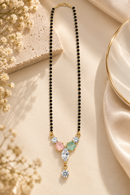 Premium Black Beaded Mangalsutra with Multicolor Crystal Pendant