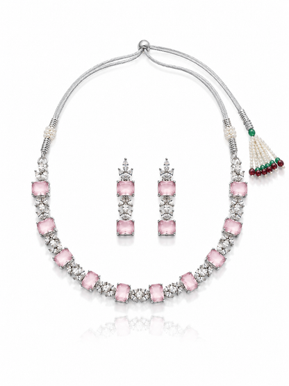 Elegant Silver-Toned Pink Stone Necklace & Earring Set
