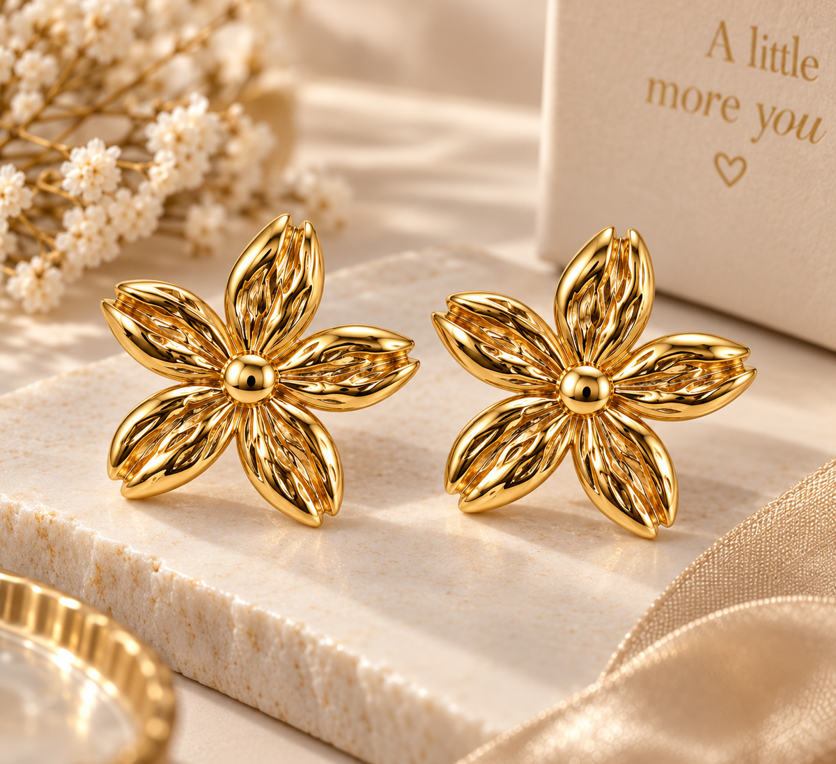 Gold-Toned Floral Statement Stud Earrings