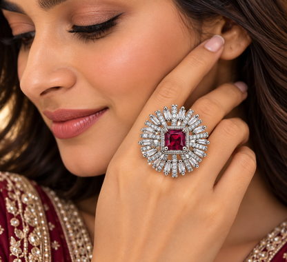 Burgundy Ruby Sunburst Statement Ring