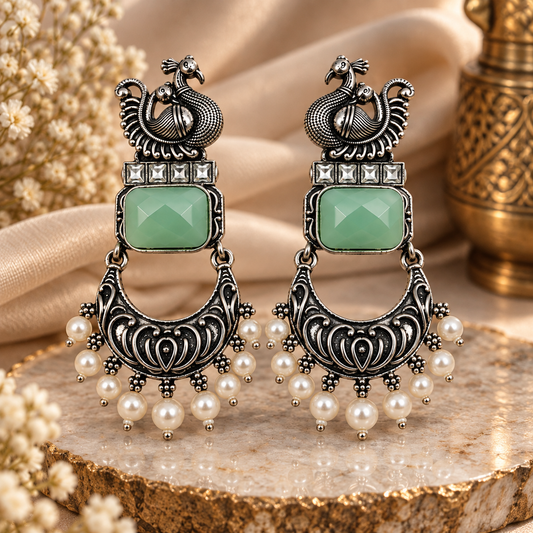 Premium Antique Silver-Toned Mint Green Peacock Statement Earrings
