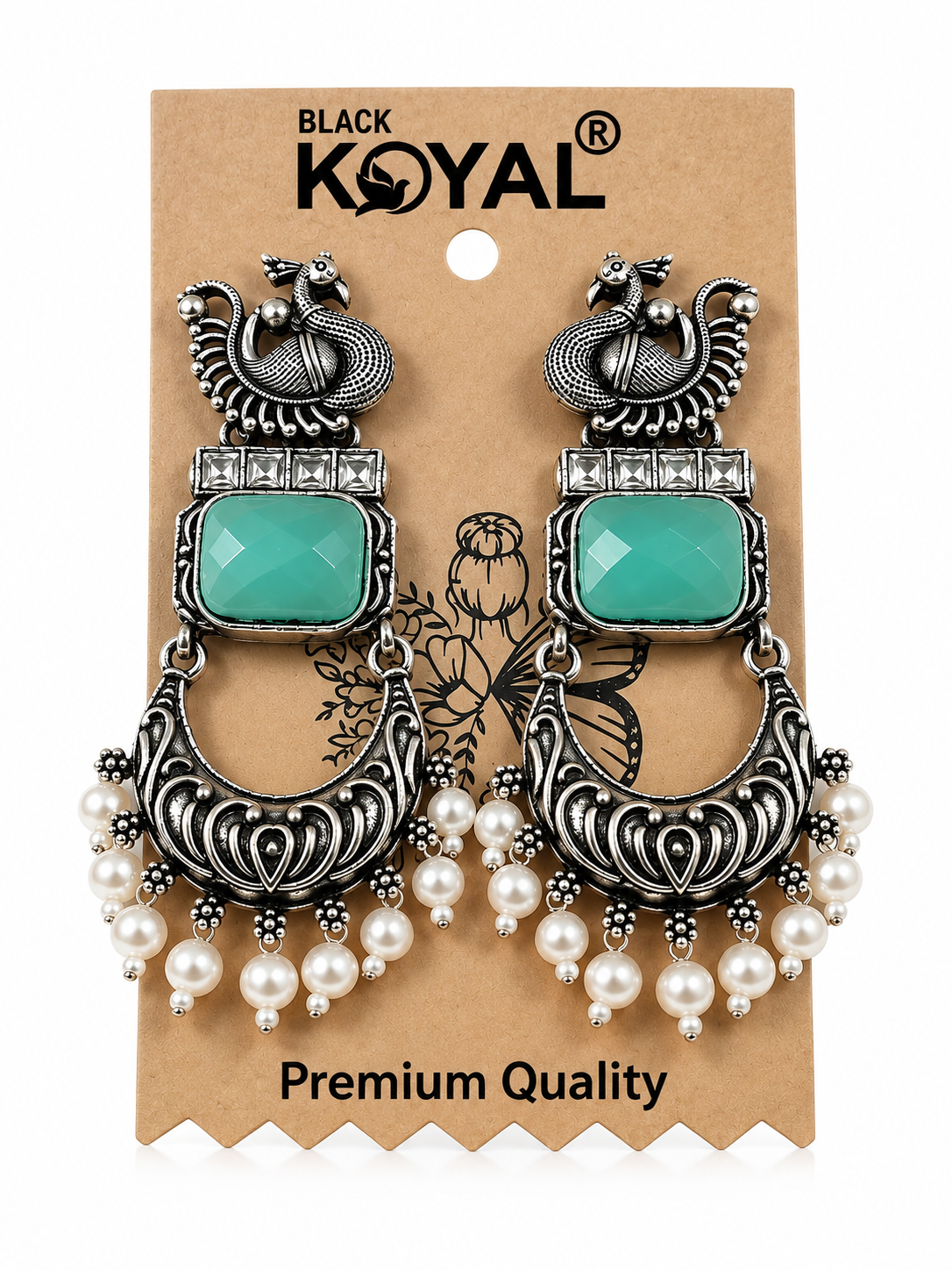 Antique Silver-Toned Teal Stone Peacock Statement Earrings