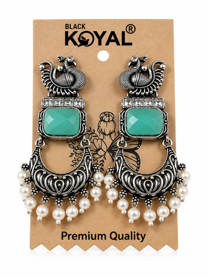 Antique Silver-Toned Teal Stone Peacock Statement Earrings