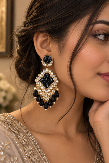 Premium Silver-Toned Black Stone Statement Drop Earrings