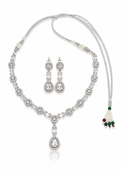 Silver-Toned Crystal Statement Necklace & Earring Set