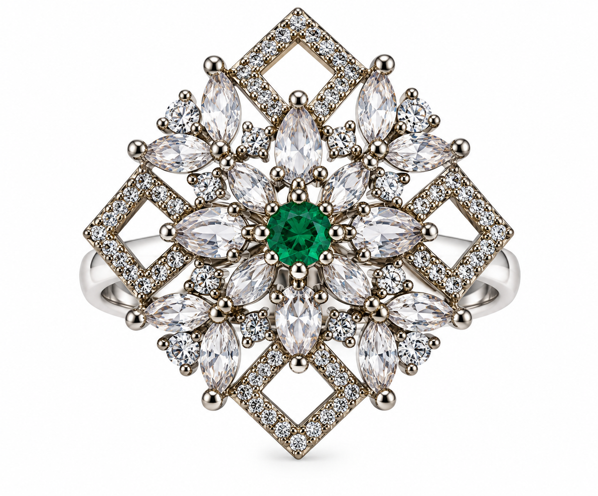 Silver-Toned Emerald Floral Geometric Statement Ring