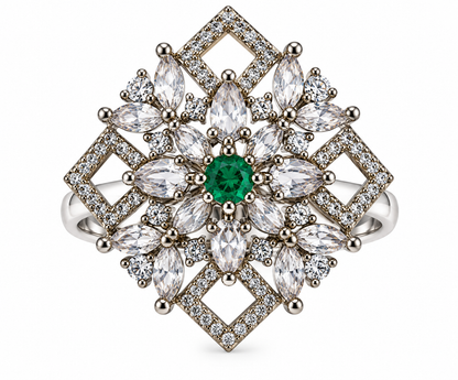 Silver-Toned Emerald Floral Geometric Statement Ring