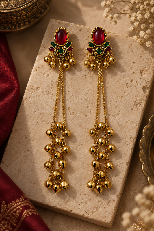 Premium Gold-Toned Multicolour Stone Long Chain Jhumka Earrings