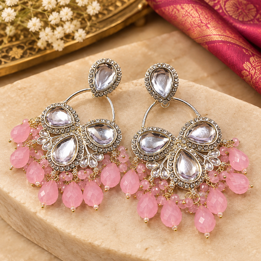 Premium Silver-Toned Pink Crystal & Pearl Chandelier Earrings