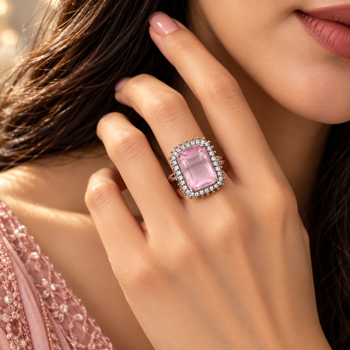 Silver-Toned Pink Crystal Statement Ring