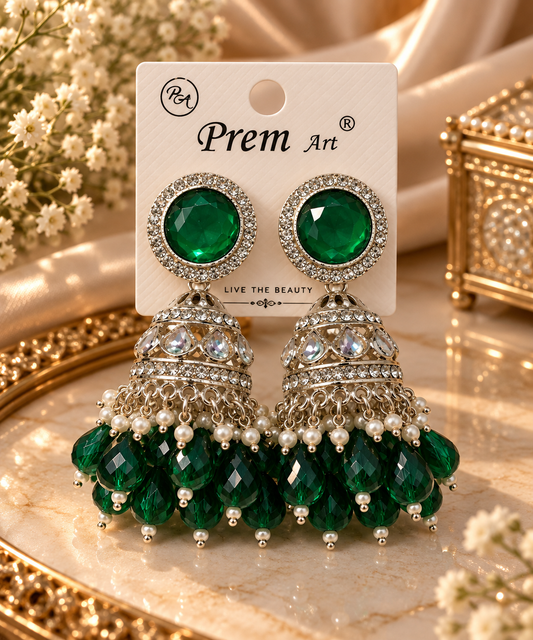 Premium Emerald Green Stone Silver-Toned Jhumka Earrings