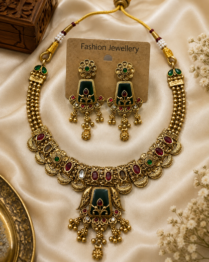 Emerald Heritage Temple Necklace & Jhumka Set