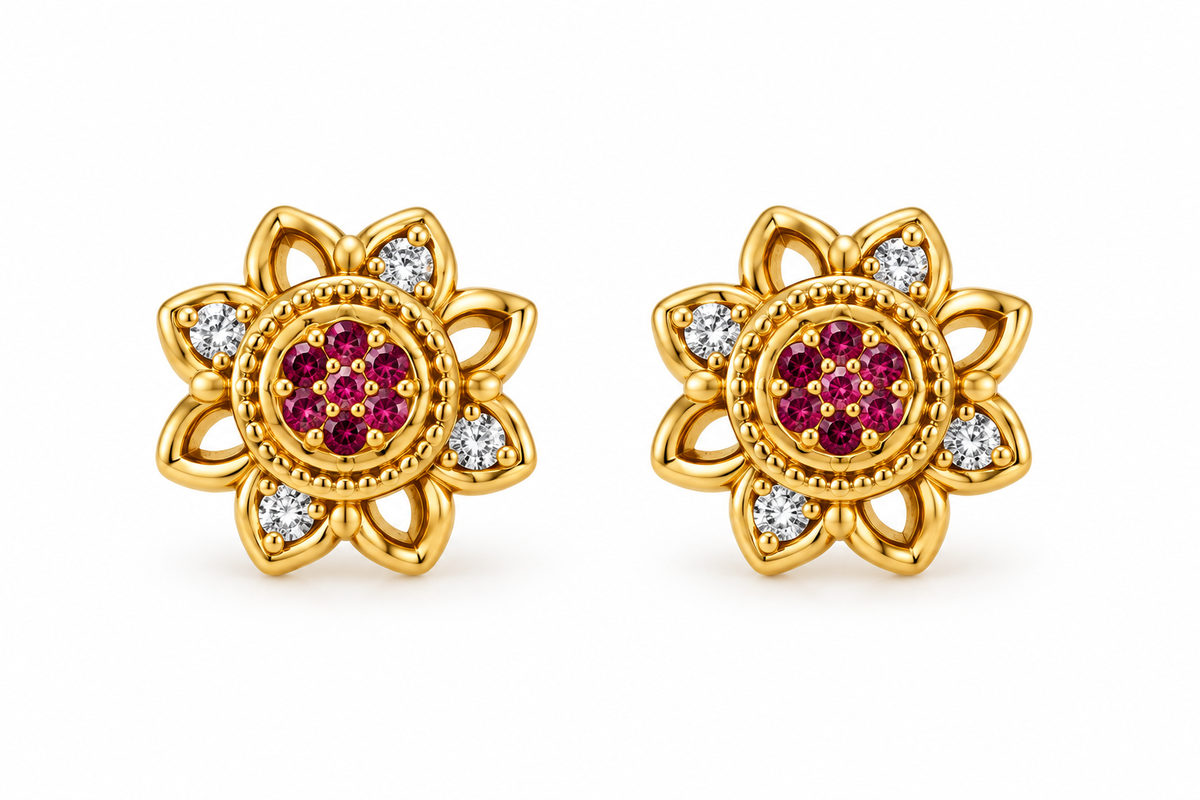 Gold-Toned Floral Ruby Stud Earrings
