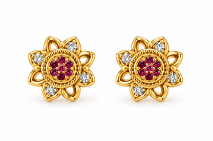 Gold-Toned Floral Ruby Stud Earrings
