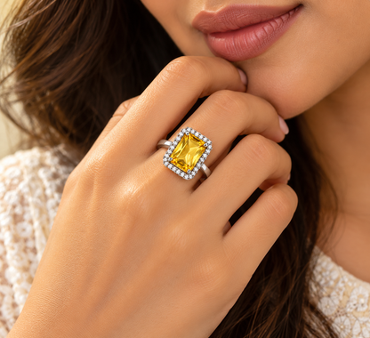Golden Yellow Rectangular Halo Statement Ring