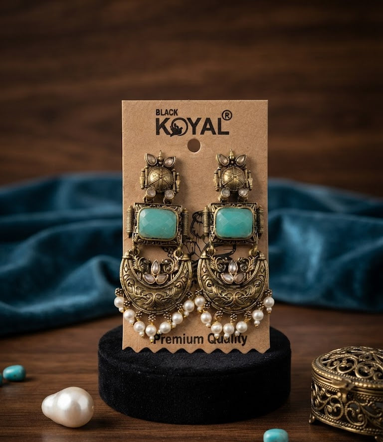 Premium Turquoise Oxidised Silver Chandbali Earrings