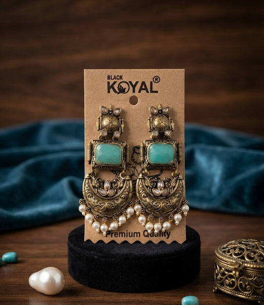 Premium Turquoise Oxidised Silver Chandbali Earrings