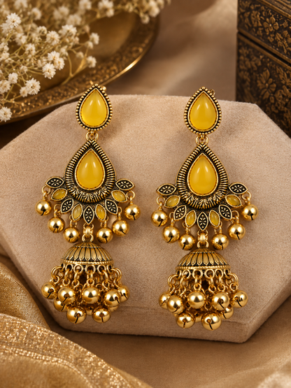 Premium Gold-Toned Yellow Stone Traditional Jhumka Earrings