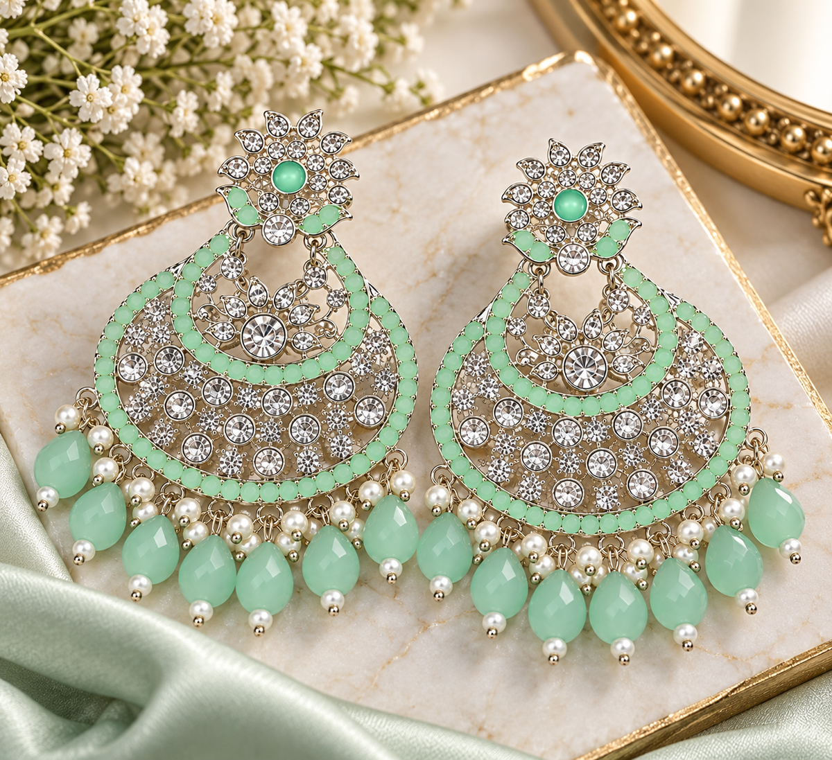Premium Mint Green & Silver Chandbali Statement Earrings