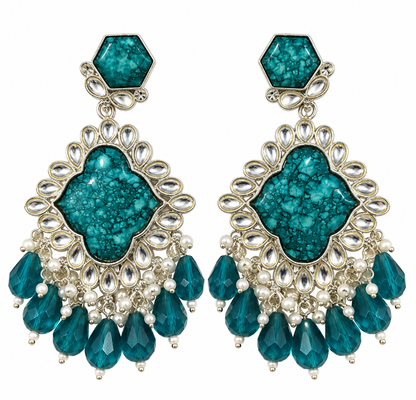 Premium Silver-Toned Teal Blue Stone Pearl Statement Chandelier Earrings