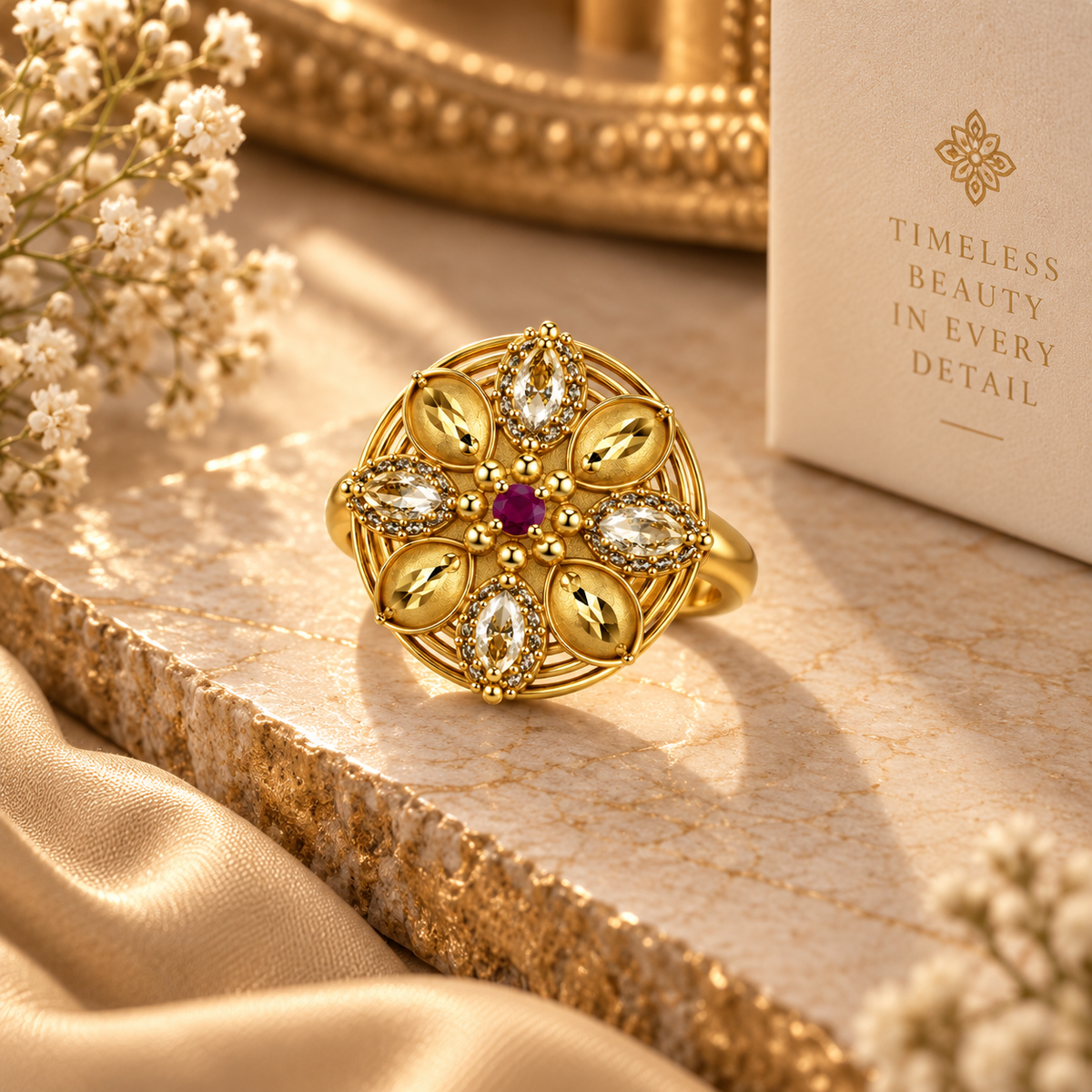 Premium Gold-Toned Floral Ruby Ring