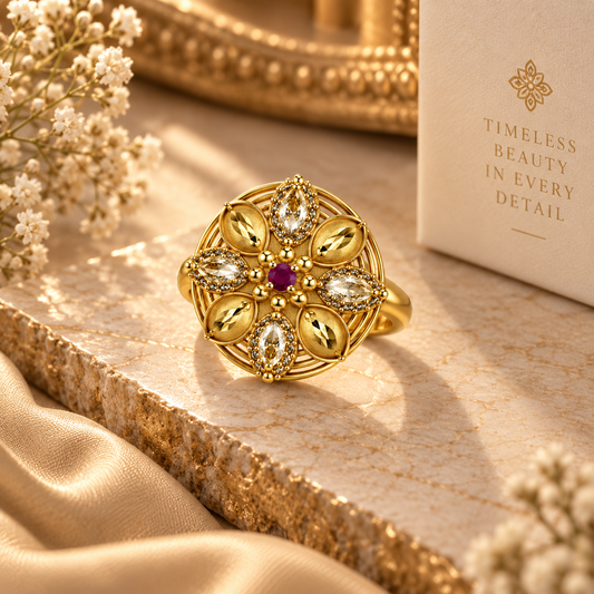 Premium Gold-Toned Floral Ruby Ring