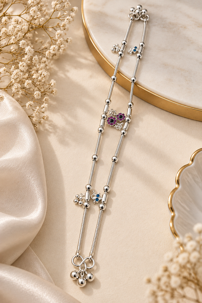 Silver-Toned Double-Strand Floral Charm Chain