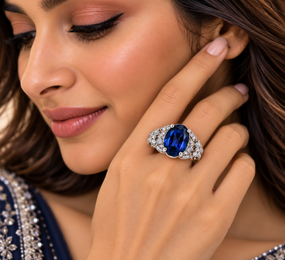 Sapphire Blue Floral Halo Statement Ring