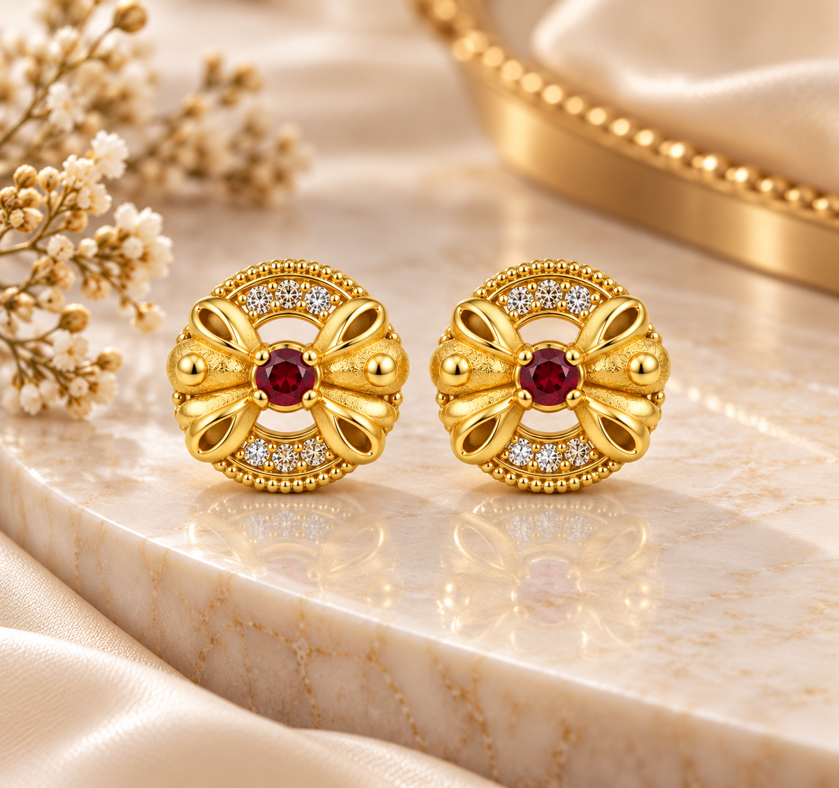 Gold-Toned Floral Ruby Stud Earrings