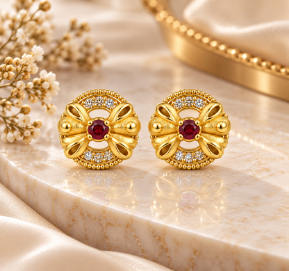 Gold-Toned Floral Ruby Stud Earrings