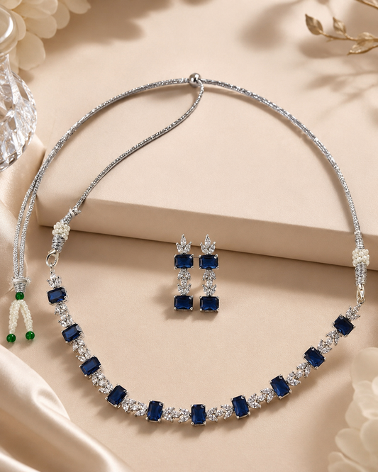 Silver-Toned Blue Stone Necklace & Earring Set