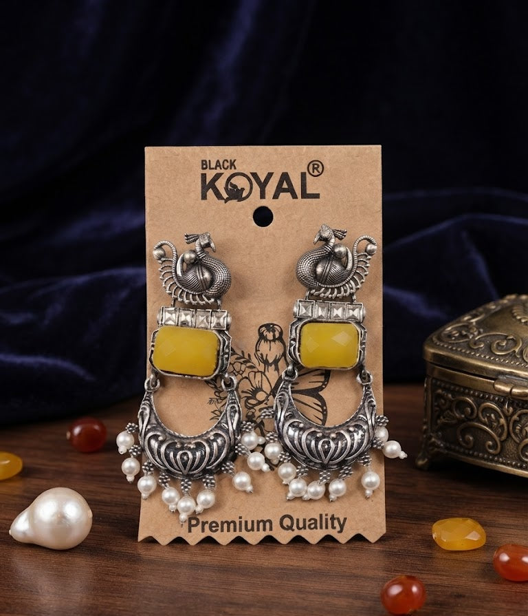Premium Oxidized Silver Peacock-Inspired Mustard Yellow Stone Earrings