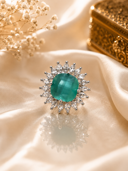 Emerald Green Silver-Toned Statement Ring
